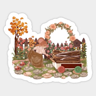 Cozy Cottagecore Mouse Collecting Firewood with Pet Ladybugs Sticker